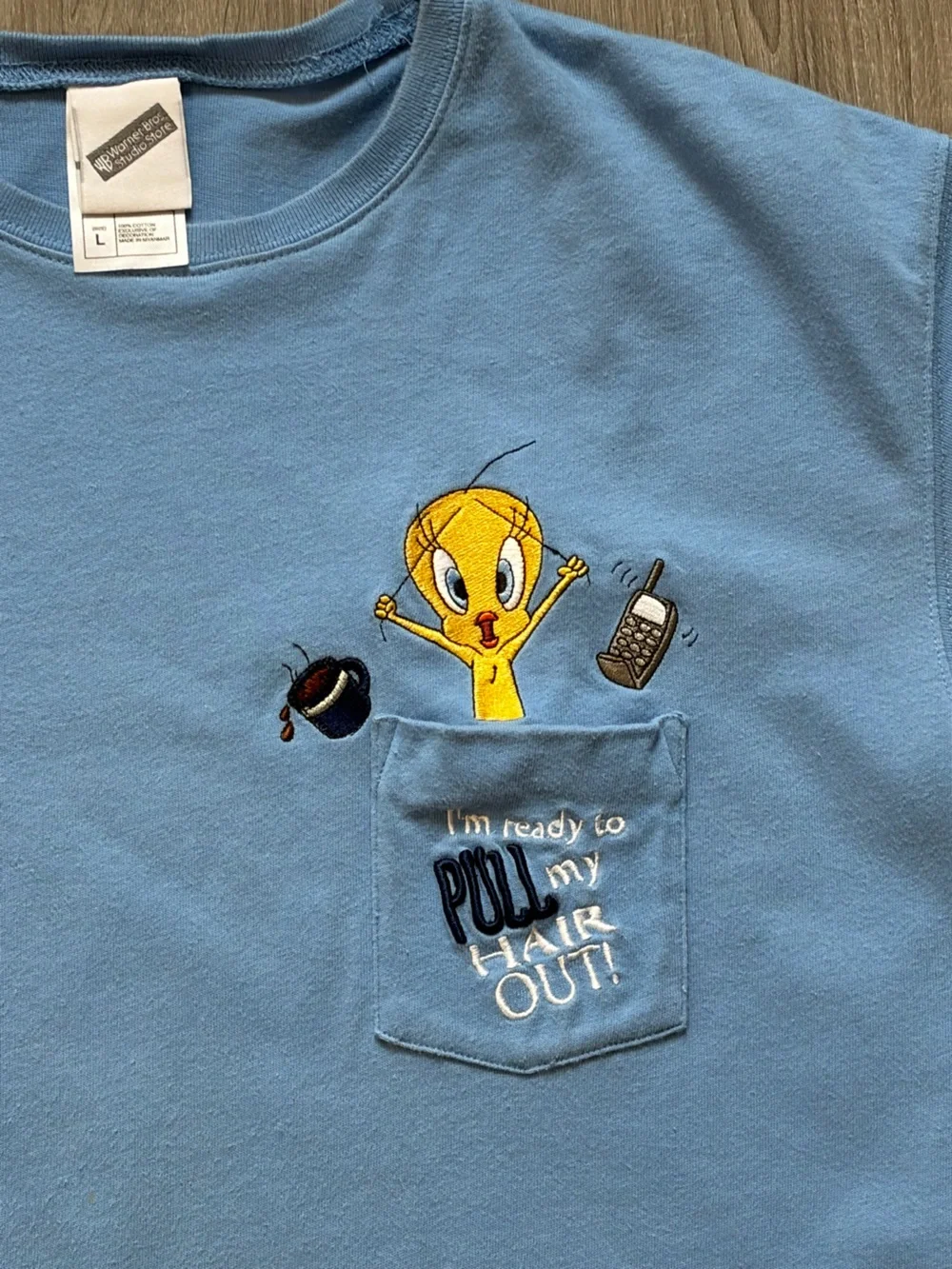 Vintage Warner Bros Studio Tweety Bird Embroidered Pocket T-Shirt Blue Sz L